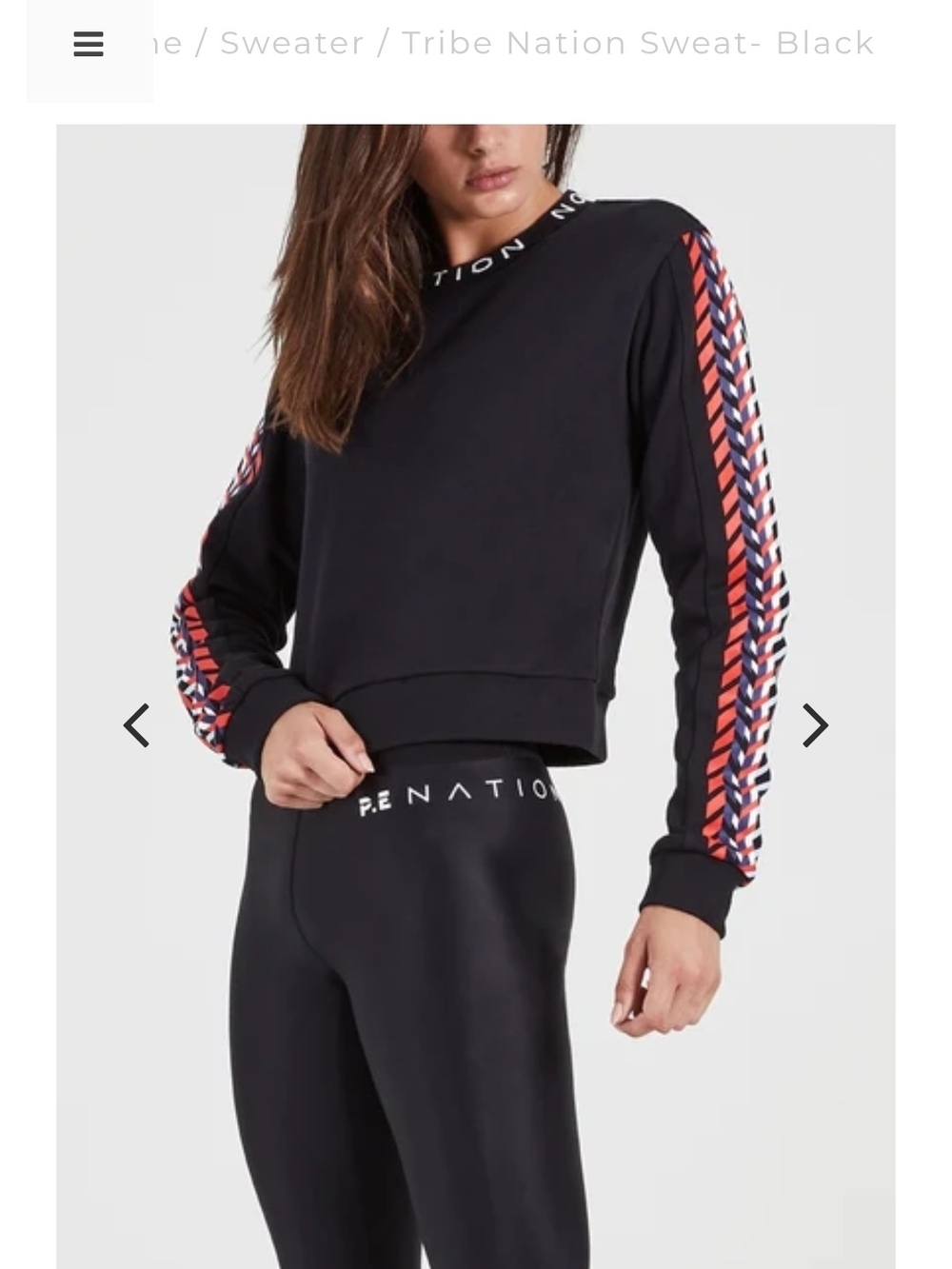 P.E Nation Black Cropped Sweatshirt with Red & White Chevron Sleeve Stripes